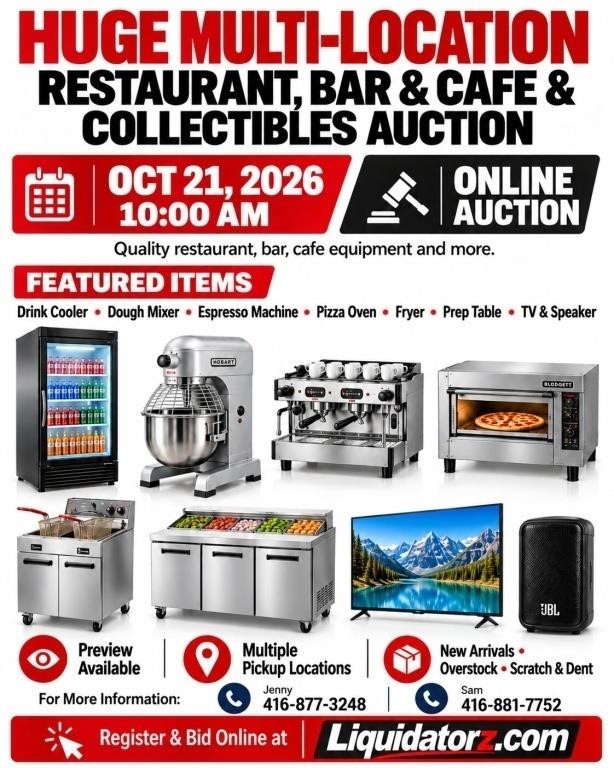 Multi-Location Resto,Bar,Café & Collectibles Auction @Oct-21 – Scarborough